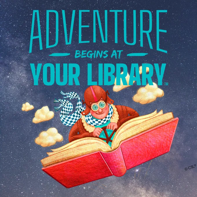 Illustration of a pilot "flying" an airplane that looks like an open book. The text says Adventure Begins at Your Library. 