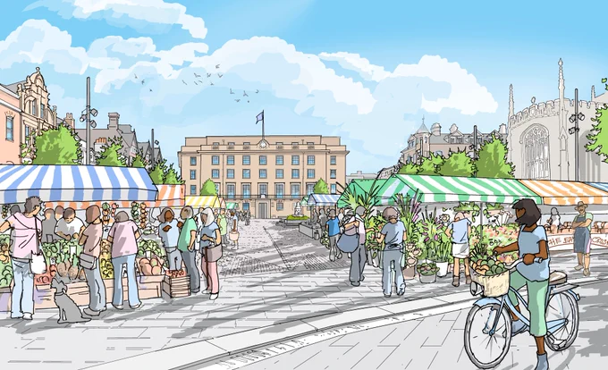 Illustration of the market square with a view to the Guildhall in the background. 