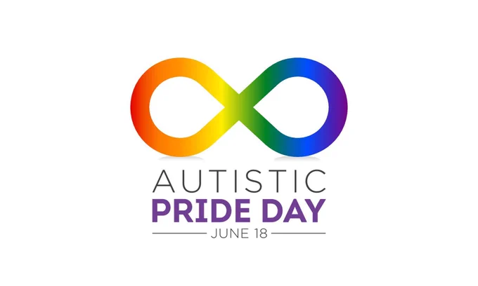 An infinity symbol with rainbow colouring. Text reads "Autistic Pride Day, June 18"