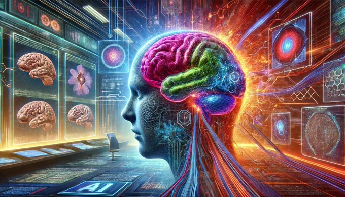 A vibrant, hyper-realistic illustration depicting the concept of generative AI and its potential negative effects on human cognition, referred to as 'brain rot.' The image includes a human brain partially intertwined with digital elements and AI algorithms, highlighting the clash between technology and mental health. The background features a futuristic setting with digital screens displaying AI-generated content, emphasizing the pervasive influence of AI. The atmosphere is thought-provoking and slightly ominous, reflecting concerns about the impact of generative AI on cognitive functions.