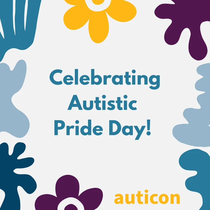 The text "celebrating autistic pride day!" with colorful abstract designs around the end, and the auticon logo in the bottom right corner.