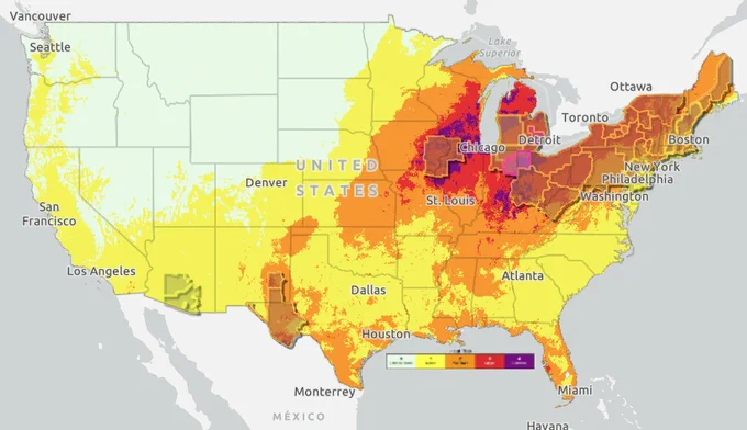 A map from heat.gov showing the heat forecast across the continental United States, including current heat advisories, watches, and warnings 