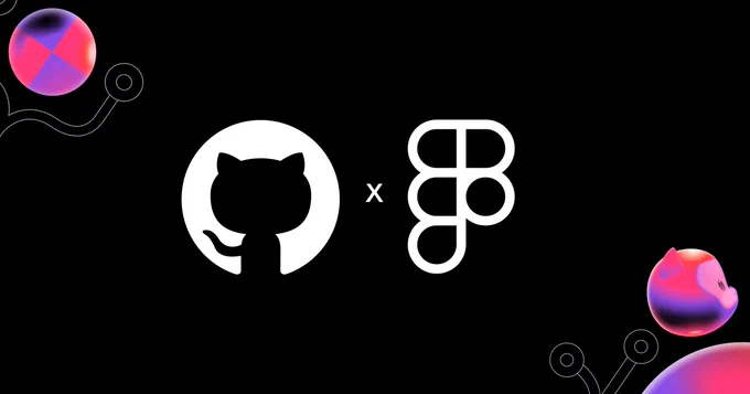 A dark landscape image featuring the GitHub invertocat logo alongside a white Figma logo centered in the foreground. Two collaboration-themed shapes are positioned in the top left and bottom right corners of the image.
