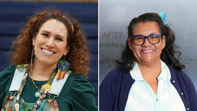 Portrait photos of smiling Jennifer Ekstein and Maria Miller.