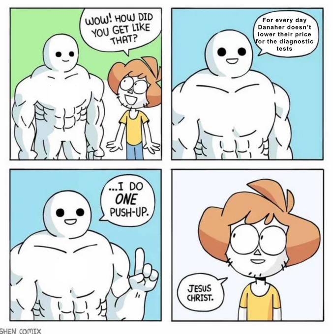 A four panel comic. First panel: a person with orange hair speaking to a cartoon-like muscular character: Wow! How did you get like that? Second panel: close-up on the muscular character: For every day Danaher doesn't lower their price for the diagnostic tests Third panel: continued close-up on muscular character: ...I do ONE push-up. Third panel: close-up on orange-haired character: Jesus christ. In the bottom corner: SHEN COMIX