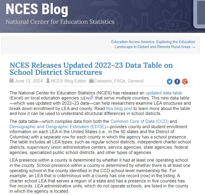 Image of NCES blog post titled “NCES Releases Updated 2022–23 Data Table on School District Structures” 