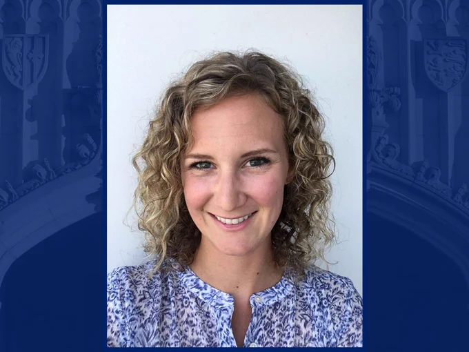 Headshot of Jacey Anderson with a background view of Duke's campus.