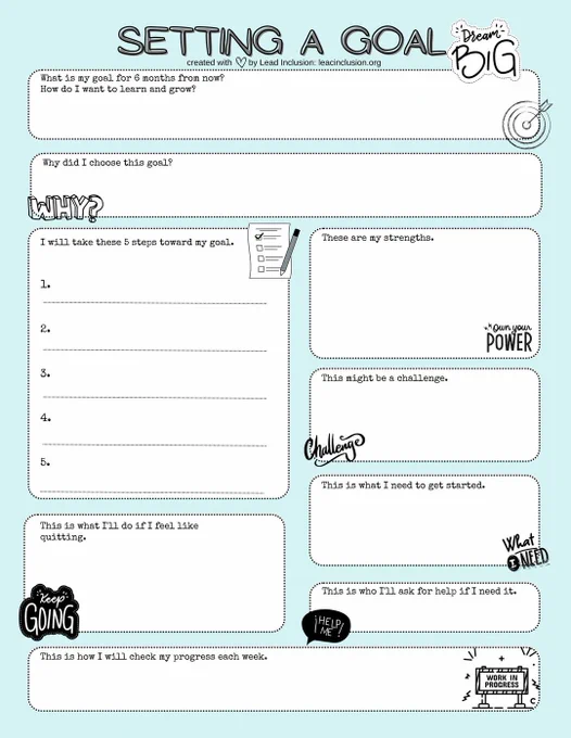 "Setting a Goal" worksheet includes space for students to write about why they set this goal, how they'll achieve it, what strengths and challenges they anticipate, etc.