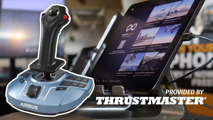 A photo of an iPad running Infinite Flight. An overlay shows a Thrustmaster joystick and the text reads: Provided by Thrustmaster.