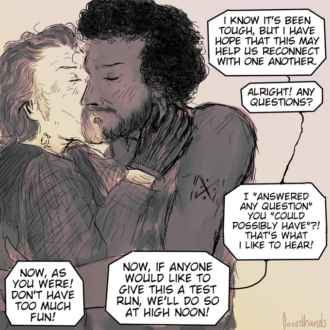 Izzy and Roach kiss. Izzy's hand is on Roach's neck.
"I know it's been tough, but I have hope that this may help us reconnect with one another.
Alright! Any questions?
(...)
"I "answered any question" you "could possibly have"?! That's what I like to hear!
"Now, if anyone would like to give this a test run, we'll do so at high noon!
"Now, as you were! Don't have too much fun!"