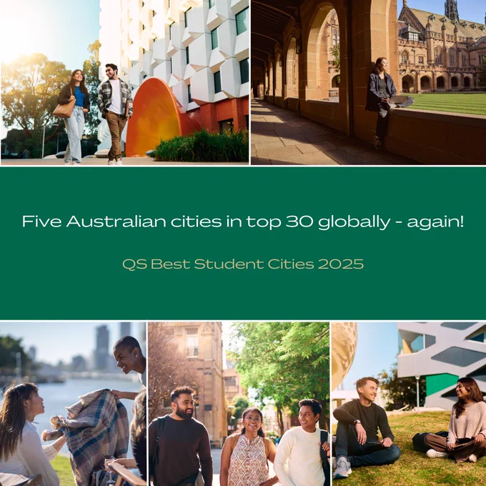 Images of students in Melbourne, Sydney, Brisbane, Adelaide and Canberra with text overlay reading 'Five Australian cities in top 30 globally - again! QS Best Student Cities 2025'.