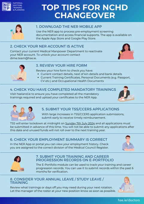 Top Tips for NCHD Changeover
1.	Download the NER MOBILE App
2.	Check your NER account is active
3.	REVIEW your hire form
4.	Check you have completed mandatory trainings
5.	Submit your TSS/CCERS applications
6.	Check your employment summary is correct
7.	Submit your training and career progression records on E-Portfolio
8.	Consider your annual leave / study leave / training
hse.ie/doctors