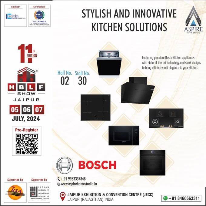 #JECC #Hardware #Building #Lifestyle #Furniture #ArchitectureExhibition #InteriorExhibition #Rajasthan #PHDCCI #PHDChamber #JaipurChapter #IID #Todar #BuildingMaterialsExhibition #ConstructionExhibition
Meet us at Stall no. - 30 on 05 to 07 July, 2024 at the 11th Edition of our HBLF Show at JECC, Jaipur (Rajasthan).

Aspire Home Studio (Jaipur)
Contact: Mr. Sandeep Gupta -  91 9983337848 / Naveen -  91 8955986171 (BOSCH Company Representative)/ Mukesh -  91 8107257181

For enquiry via WhatsApp click: https://bit.ly/9983337848

Email: aspirehomestudio171@gmail.com
Web: www.aspirehomestudio.in