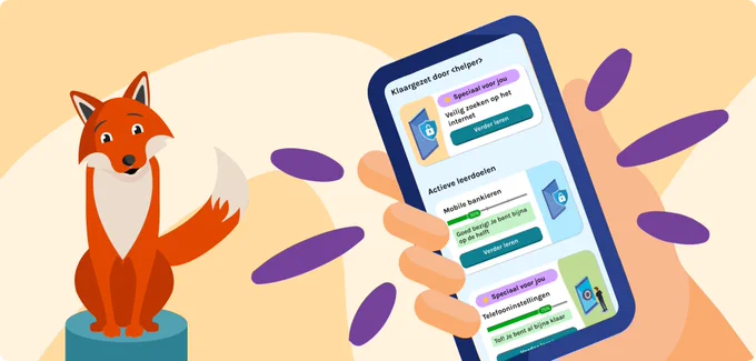 Op de afbeelding zie je Digi, de mascotte van DigiHandig naast een telefoon met daarop het nieuwe homescherm van de DigiHandig app.
