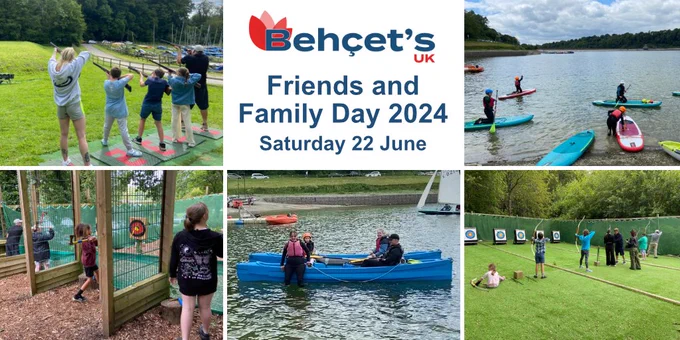 A collage of photos of the 2024 Behçet’s UK Friends & Family Day at Llandegfedd Lake. Photos show various activities. 