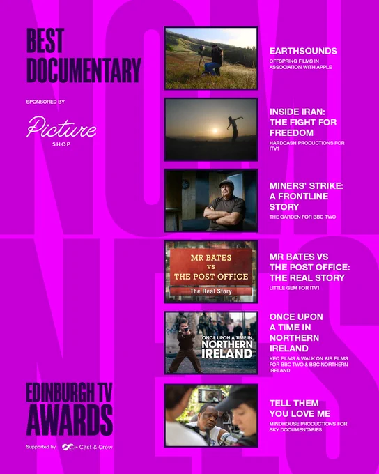 Nominees: "Earthsounds, Inside Iran: The Fight for Freedom, Miners' Strike: A Frontline Story, Mr Bates vs The Post Office: The Real Story, Once Upon a Time in Northern Ireland, Tell Them You Love Me."
