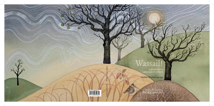 Illustration of front cover of Wassail! poetry book, with bare trees silihouetted against a winter sun and rolling hills