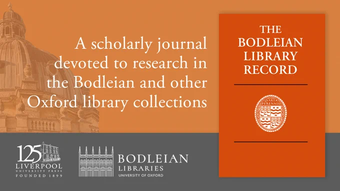 Journal cover for the Bodleian Library Record in bright orange with a crest in the centre in white. Devoted to research and significant developments in the Bodleian's collections and other Oxford libraries. Faded orange background with a faded image of a building with a cupola. 
LUP 125th anniversary logo featuring an illustration of the Georgian building that houses the press. Bodleian Libraries University of Oxford logo featuring an illustration of the Bodleian library building.