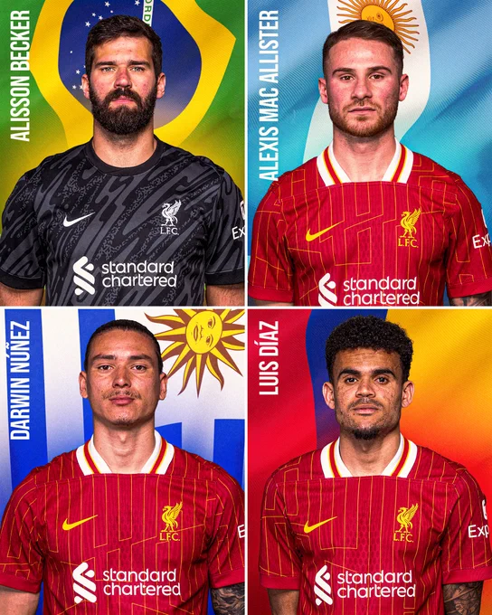 Graphic showcasing the Liverpool players set to feature for their nations at the 2024 Copa America: Alisson Becker (Brazil), Alexis Mac Allister (Argentina), Darwin Nunez (Uruguay), Luis Diaz (Colombia).