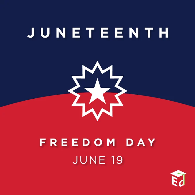 A graphic that depicts the Juneteenth flag with text that reads "Juneteenth, Freedom Day, June 19."