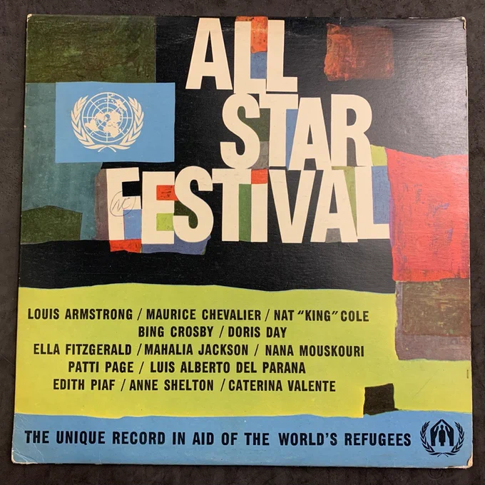Record cover titled 'All Star Festival' including an artist line-up that includes Louis Armstrong, Bing Crosby and Ella Fitzgerald.