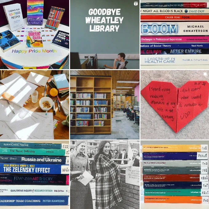 A 3x3 grid of photos from the Oxford Brookes Library Instagram profile. There are photos of books, book displays, handmade paper hearts, library study spaces and more.