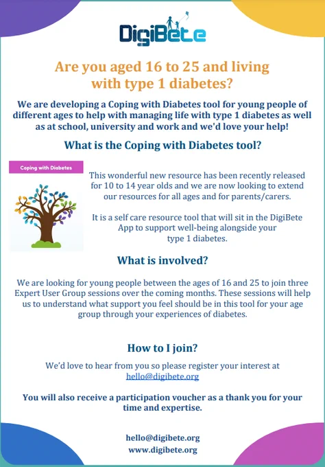 A screenshot of the poster recruiting for expert users for the next stage of the coping with diabetes tool. Please contact the team at hello@digibete.org for more information