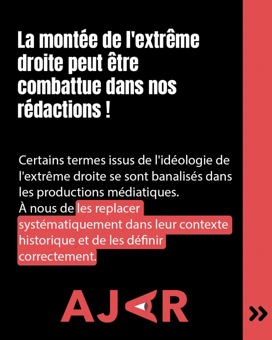 La montée de l'extrême droite peut être combattue dans nos rédactions !
Certains termes issus de l'idéologie de l'extrême droite se sont banalisés dans les productions médiatiques. À nous de les replacer systématiquement dans leur contexte historique et de les définir correctement. 