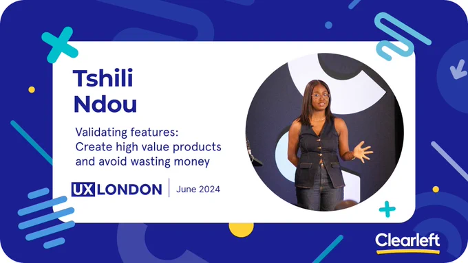 Blue patterned background with graphic shapes. Text reads: Tshili Ndou. Validating features: Create high value products and avoid wasting money. Photo of a female speaker on stage is framed in a circle
