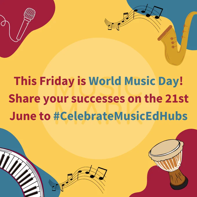 Text in the centre reads: This Friday is World Music Day! Share your successes on the 21st June to #CelebrateMusicEdHubs. Illustrations of instruments feature in each corner of the image. From top left to bottom right: a microphone, a saxophone, a keyboard, a Djembe.