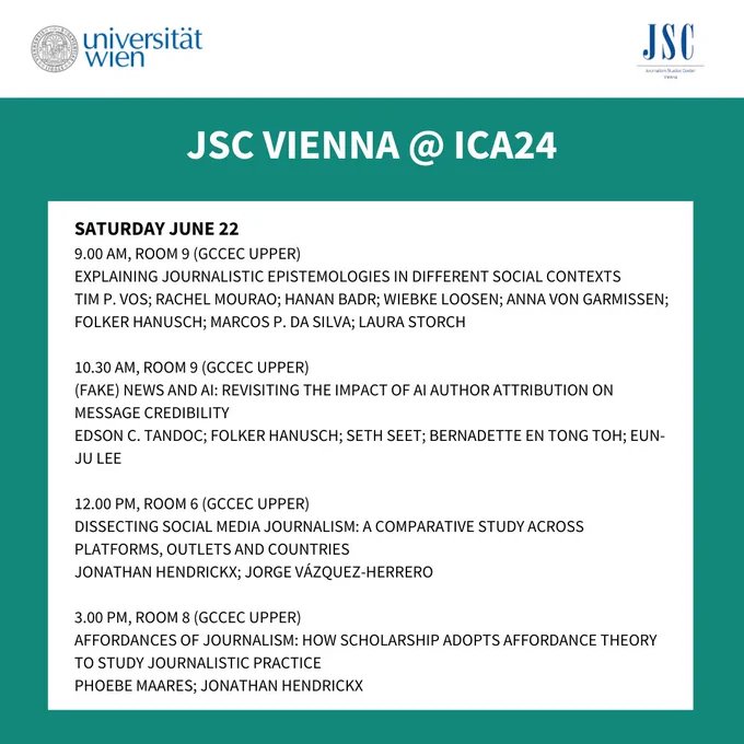 Saturday June 22
9.00 AM, room 9 (GCCEC Upper)
Explaining Journalistic Epistemologies in Different Social Contexts
Tim P. Vos; Rachel Mourao; Hanan Badr; Wiebke Loosen; Anna von Garmissen; Folker Hanusch; Marcos P. Da Silva; Laura Storch

10.30 AM, room 9 (GCCEC Upper)
(Fake) News and AI: Revisiting the Impact of AI Author Attribution on Message Credibility
Edson C. Tandoc; Folker Hanusch; Seth Seet; Bernadette En Tong Toh; Eun-Ju Lee

12.00 PM, Room 6 (GCCEC Upper)
Dissecting Social Media Journalism: A Comparative Study Across Platforms, Outlets and Countries
Jonathan Hendrickx; Jorge Vázquez-Herrero

3.00 PM, Room 8 (GCCEC Upper)
Affordances of Journalism: How Scholarship Adopts Affordance Theory to Study Journalistic Practice
Phoebe Maares; Jonathan Hendrickx