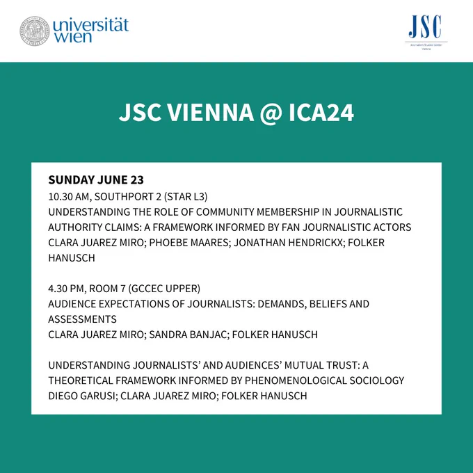 Sunday June 23
10.30 AM, Southport 2 (Star L3)
Understanding the Role of Community Membership in Journalistic Authority Claims: A Framework Informed by Fan Journalistic Actors
Clara Juarez Miro; Phoebe Maares; Jonathan Hendrickx; Folker Hanusch

4.30 PM, Room 7 (GCCEC Upper)
Audience Expectations of Journalists: Demands, Beliefs and Assessments
Clara Juarez Miro; Sandra Banjac; Folker Hanusch

Understanding Journalists’ and Audiences’ Mutual Trust: A Theoretical Framework Informed by Phenomenological Sociology
Diego Garusi; Clara Juarez Miro; Folker Hanusch