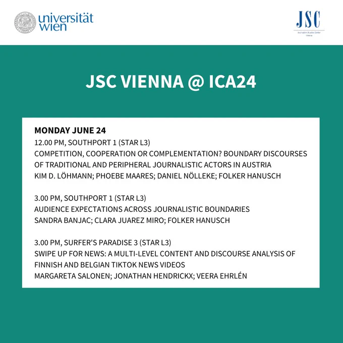 Monday June 24
12.00 PM, Southport 1 (Star L3)
Competition, Cooperation or Complementation? Boundary Discourses of Traditional and Peripheral Journalistic Actors in Austria
Kim D. Löhmann; Phoebe Maares; Daniel Nölleke; Folker Hanusch

3.00 PM, Southport 1 (Star L3)
Audience Expectations Across Journalistic Boundaries
Sandra Banjac; Clara Juarez Miro; Folker Hanusch

3.00 PM, Surfer's Paradise 3 (Star L3)
Swipe Up for News: A Multi-Level Content and Discourse Analysis of Finnish and Belgian TikTok News Videos
Margareta Salonen; Jonathan Hendrickx; Veera Ehrlén