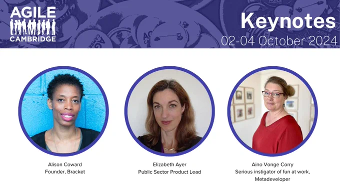 Promotional banner for Agile Cambridge event on the 02-04 October 2024, featuring three keynote speakers. From left to right: Alison Coward, labeled as Founder, Bracket; Elizabeth Ayer, labeled as Public Sector Product Lead; and Aino Vonge Cory, labeled as Serious instigator of fun at work, Metadeveloper. Each speaker is presented within a circular frame against a white background with their names and titles displayed below their images.