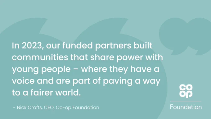 A graphic with a light green background with the faint speech marks, with white text on top saying: In 2023, our funded partners built communities that share power with young people – where they have a voice and are part of paving a way to a fairer world.  - Nick Crofts, CEO, Co-op Foundation