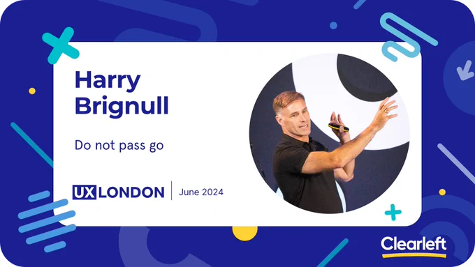 Blue patterned background with graphic shapes. Text reads: Harry Brignull. Do not pass go. Photo of a speaker on stage pointing at a screen behind him is framed in a circle
