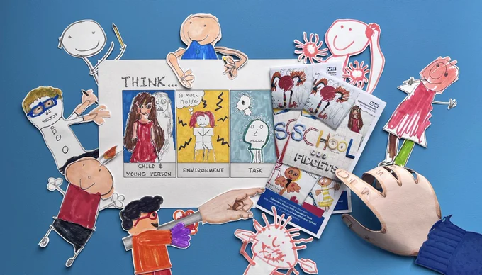 Two overlapping School for Fidgets trifold leaflets sit on top of an A4 sheet that says ‘Think … child and young person; environment; task’ with three children’s self-portraits and a think bubble with ‘so much noise’. A life size paper hand with chewed blue jumper cuff points at the new leaflets. Around all of this are placed cut outs of children’s drawings from the animated sections of the original 5-minute film. They are placed as if welcoming the release of this resource. Mid blue background.