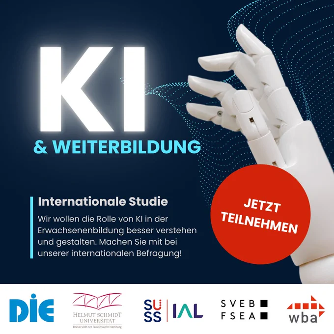 Angesichts der sich wandelnden Anforderungen an die Lebens- und #Arbeitswelt und der zunehmenden Bedeutung lebenslangen Lernens ist es wichtig, die Rolle der Künstlichen Intelligenz (#KI) in der #Erwachsenenbildung besser zu verstehen und zu gestalten.

Wir laden Sie herzlich ein, an unserer internationalen Online-Befragung teilzunehmen: "Künstliche Intelligenz in der allgemeinen, beruflichen und hochschulischen Erwachsenen- und #Weiterbildung".

Die Befragung richtet sich an alle, die im Bereich der Weiterbildung tätig sind, entsprechende Serviceleistungen erbringen oder dazu forschen. Angesprochen sind alle Lehrkräfte und Personen, die in privaten und öffentlichen Weiterbildungseinrichtungen, in Hochschulen oder in betrieblichen Weiterbildungsabteilungen beraten, planen, entwickeln, forschen, koordinieren und leiten. Ebenso richtet sich die Befragung an Beschäftigte in Unternehmen, die weiterbildungsbezogene Dienstleistungen erbringen.
