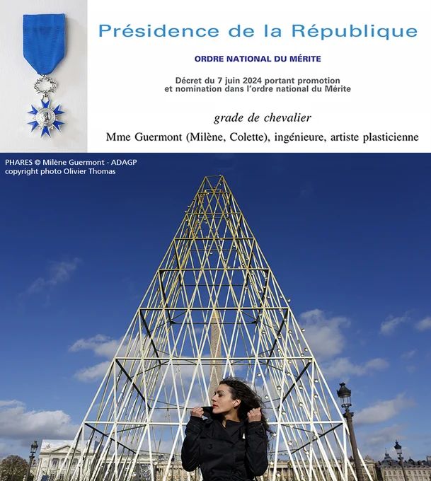 Milène Guermont élevée au rang de Chevalier par décret du Président de la République Française, nomination du Premier Ministre
