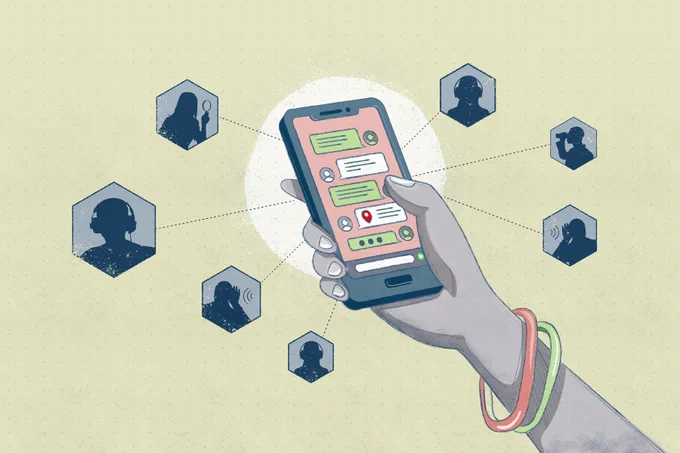 Illustration of a hand holding a mobile phone. On the arm of the hand are two bracelets. A messaging app is visible on the screen. There are individual icons floating around the mobile phone depicting anonymous silhouettes of people watching and listening in on the messaging app.