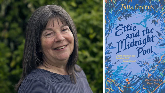 A photo of Julia Green and the front cover of her book Ettie and the Midnight Pool