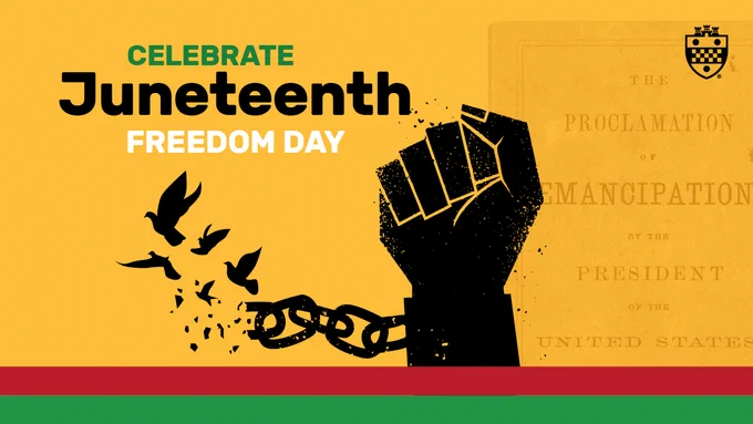 An illustration promoting Juneteenth, depicting a raised fist breaking chains, with birds flying set against a green, red, and black color scheme.