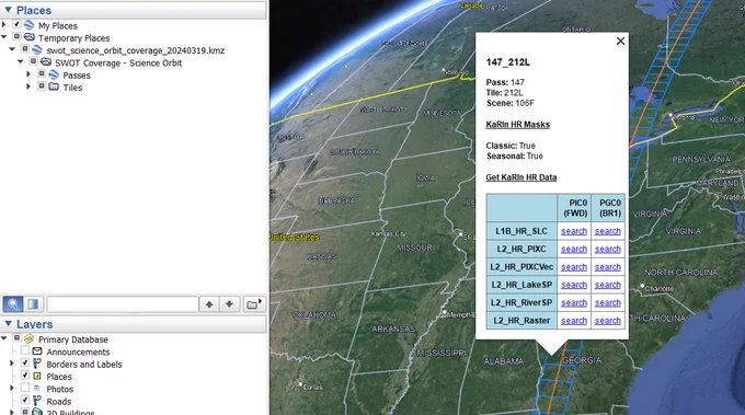 Image that shows the SWOT Pass and tile layer in spatial coverage KMZ file viewed in the Google Earth Desktop application.