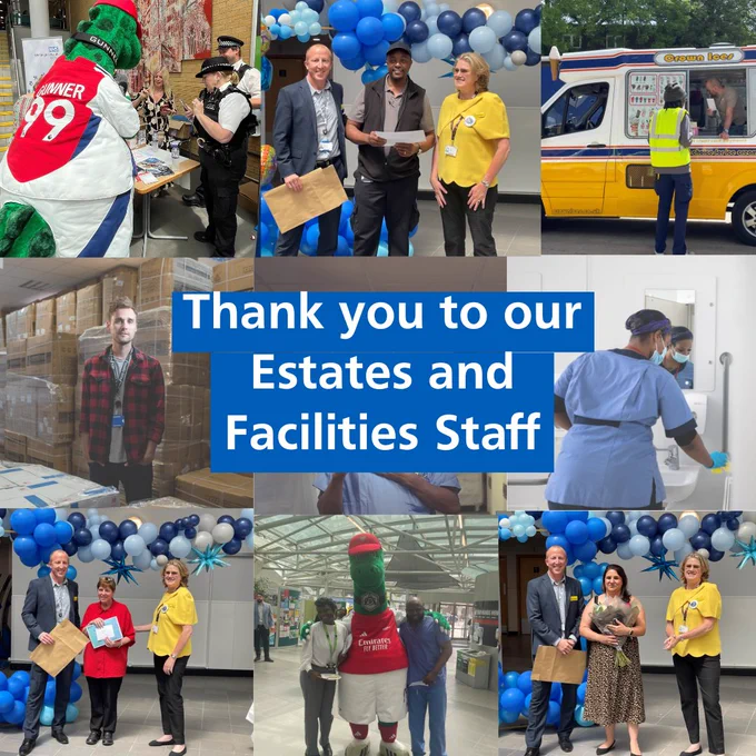 The tile reads, 'Thank you to our estates and facilities staff'. There's a compilation of pictures including pictures of our Acting CEO, Director of E&F and Gunnersaurus. 