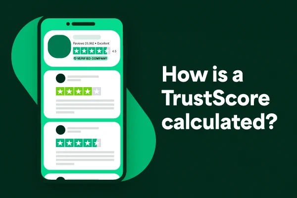 Illustration of a smartphone displaying customer reviews with star ratings, showcasing a question "How is a TrustScore calculated?" in bold text.
