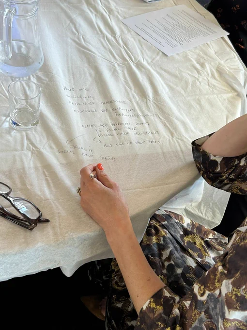 Workshop participants writing on table cloths