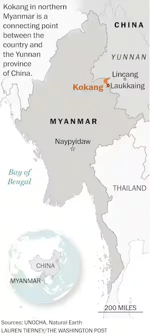 Kokang in northern Myanmar is a connecting point between the country and the Yunnan province of China. This map shows where Kokang is located. 