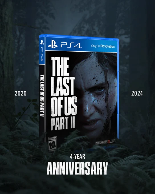 An anniversary graphic for The Last of Us Part II. It features the game's PlayStation 4 box in the center, with the years "2020" to the left, and "2024" to the right. Beneath the box are the words "4-year anniversary." The box is surrounded by a gloomy Seattle forest.