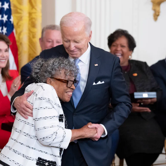 President Joe Biden and Ms. Opal Lee share a hug after President Biden presented her with the Presidential Medal of Freedom.