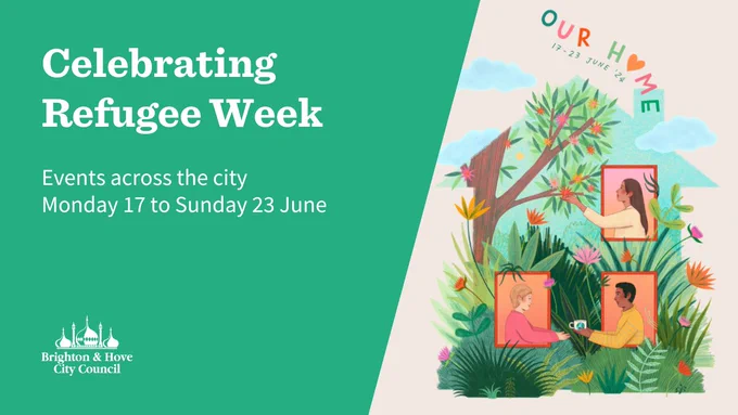The image shows a colourful drawing of a house with three people, a tree and flowers inside with the words 'Our home' coming out of the chimney. The text reads: 'Celebrating Refugee Week, Monday 17 June to Sunday 23 June.'